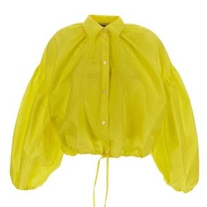 Yellow bubble sleeve top.